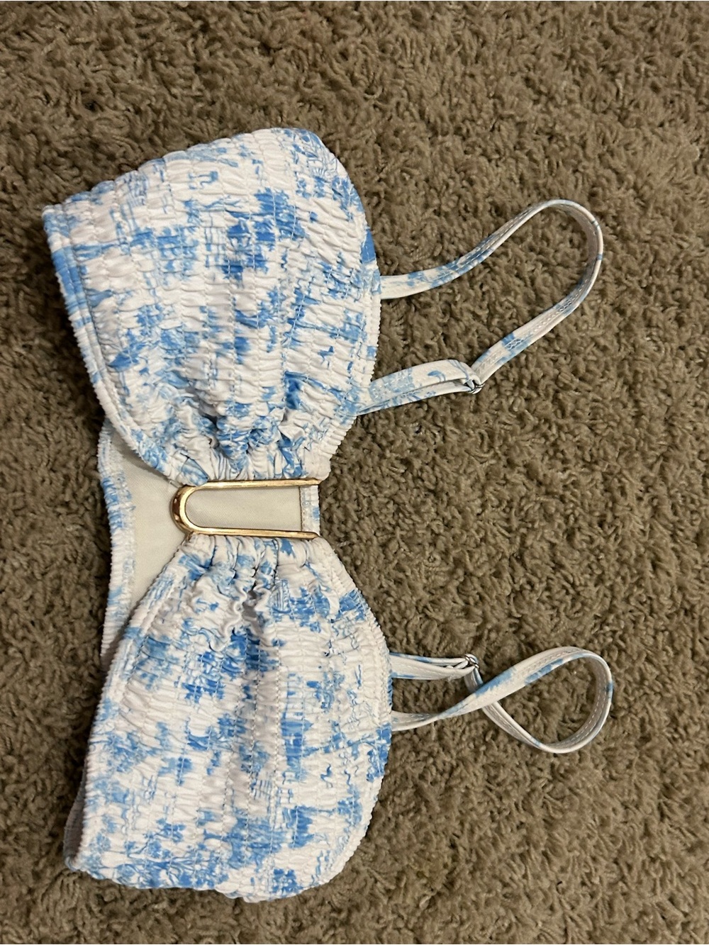 Blue and White Textured Bikini Top with Gold Accent